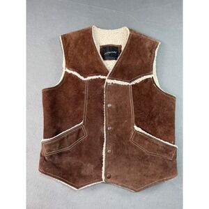 VTG 70s JCPenney Suede Sherpa Lined Vest Mens M Brown Western Rancher Cowboy